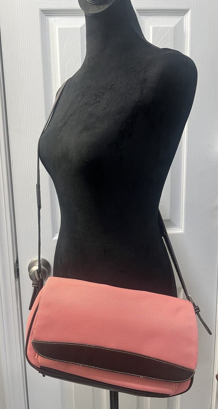 VINTAGE LIZ CLAIBORN 1990'S Pink TWEED BROWN STRAP PURSE HANDBAG CUTE Y2K